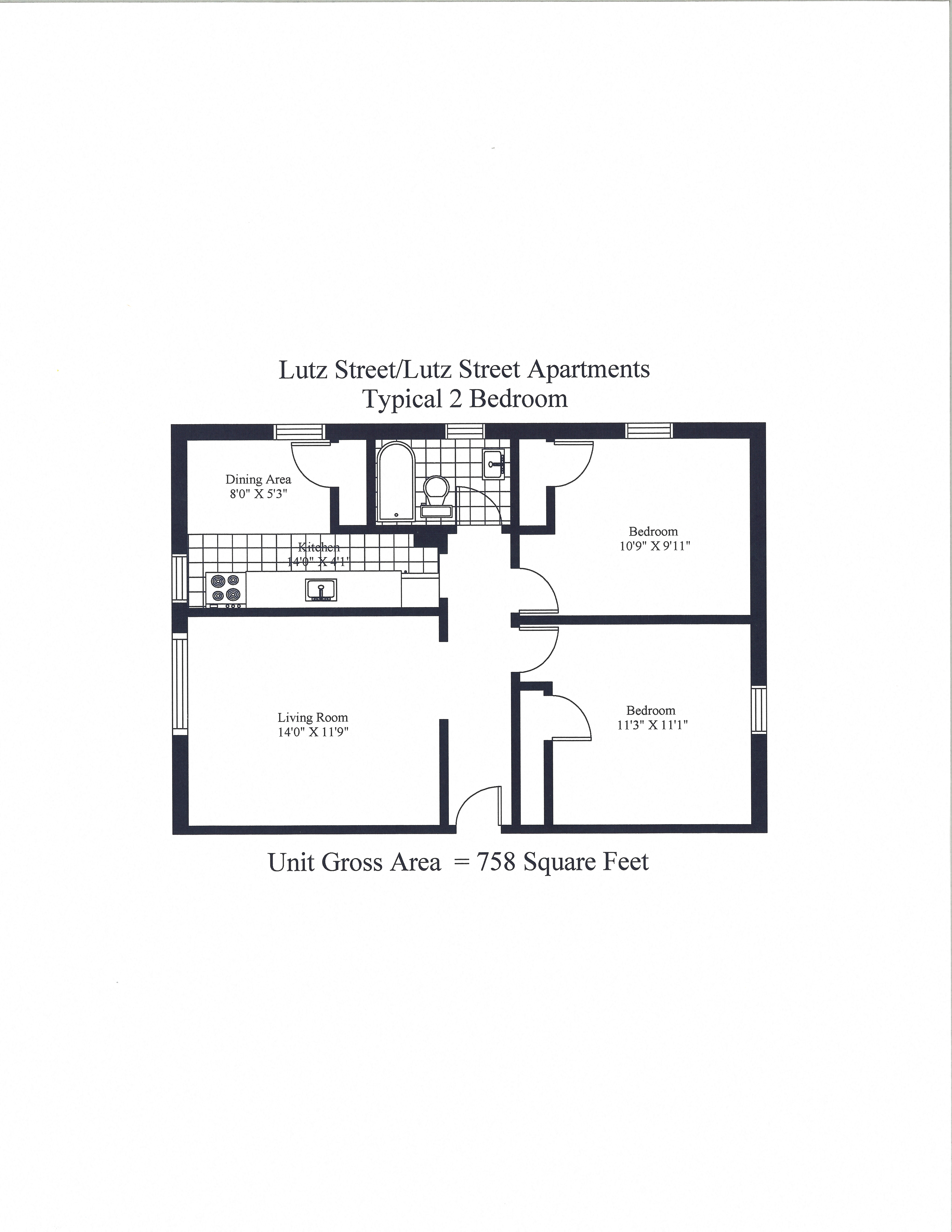 Floor plan for 2 beds, 1 bath, 758 sqft